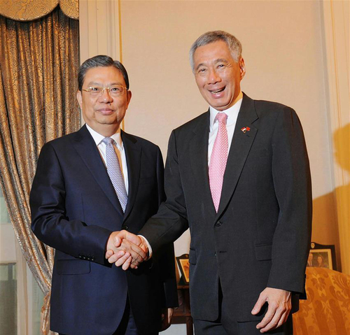 5月16日，新加坡总理李显龙在总统府会见中共中央政治局委员、中央书记处书记、中央组织部部长赵乐际。